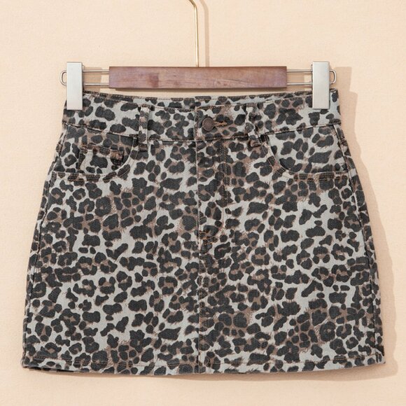 🖤 Khaki Leopard Print Denim Mini Skirt – Sizes 8 to 16 - Picture 5 of 7